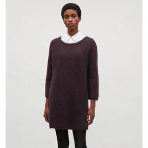 COS Mohair Wool Knitted Dress Crew Neck Long Sleeve Tunic Sweater Dress Burgundy
